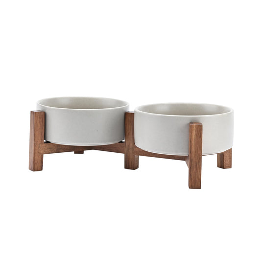 Ceramic Dog Bowl Set with Acacia Wood Stand – Elevated Food & Water Bowls for Dogs