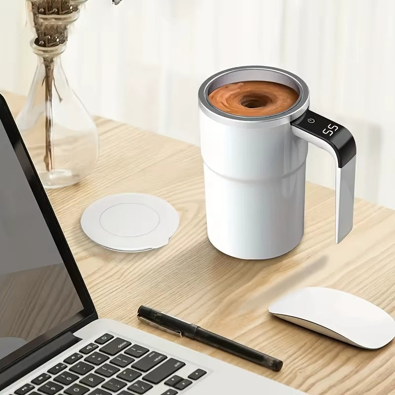 1Pc 304 Stainless Steel Automatic Stirring Cup, Portable Coffee Mug with Temperature Display, USB Rechargeable, 200Mah Battery